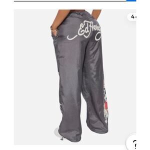 Ed Hardy Y2K Love Kills Slowly Nylon Pants Sz XL Jogger Gray Graphic Print Skull